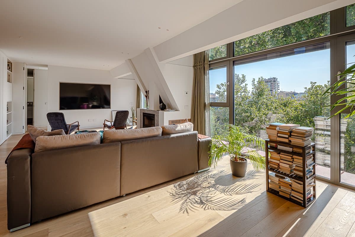 The bright living room of a newly built penthouse